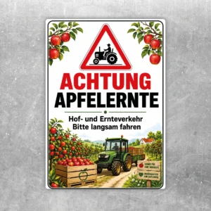 Achtung Apfelernte Aufkleber mit Warndreieck, Traktor und Apfelmotiv für Hof- und Ernteverkehr im Obstbau.