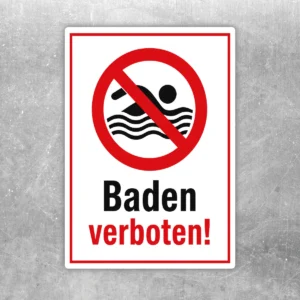 Baden verboten Aufkleber mit rotem Verbotssymbol und schwarzer Schwimmergrafik auf weißem Grund.
