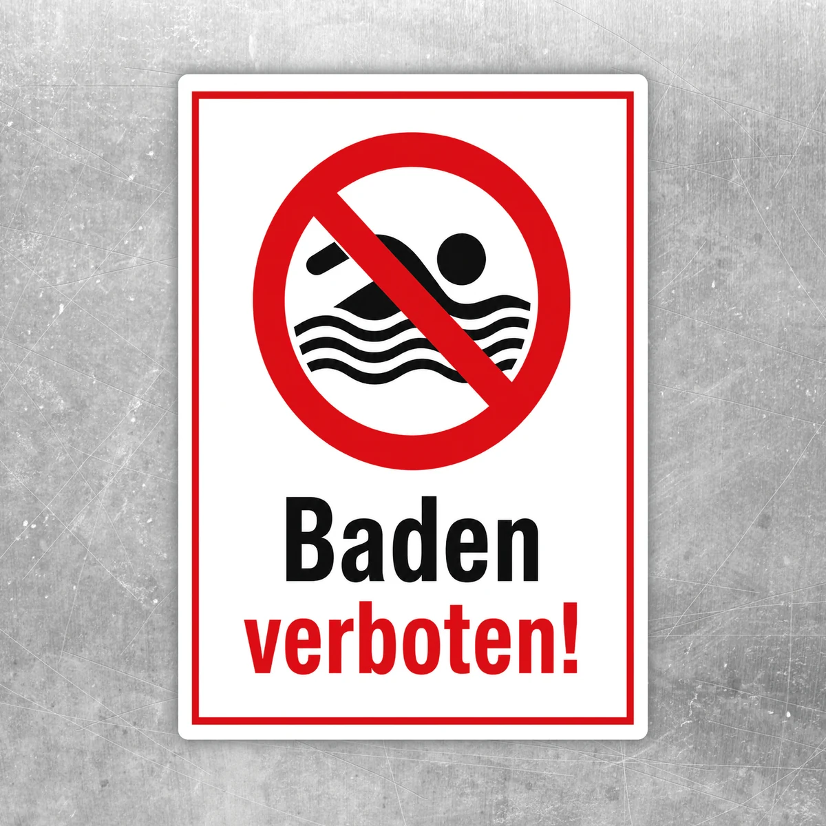 Baden verboten Aufkleber mit rotem Verbotssymbol und schwarzer Schwimmergrafik auf weißem Grund.