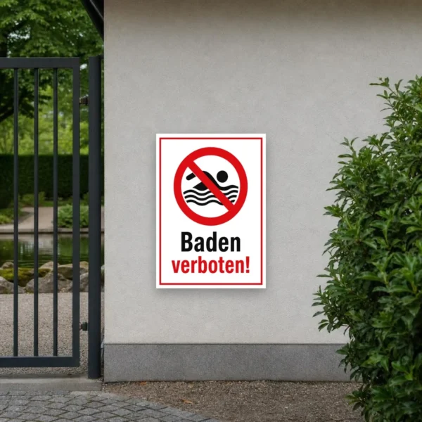 KI-generiertes Anwendungsbeispiel: Baden verboten Aufkleber mit rotem Verbotszeichen an einem abgesperrten Wasserbereich.