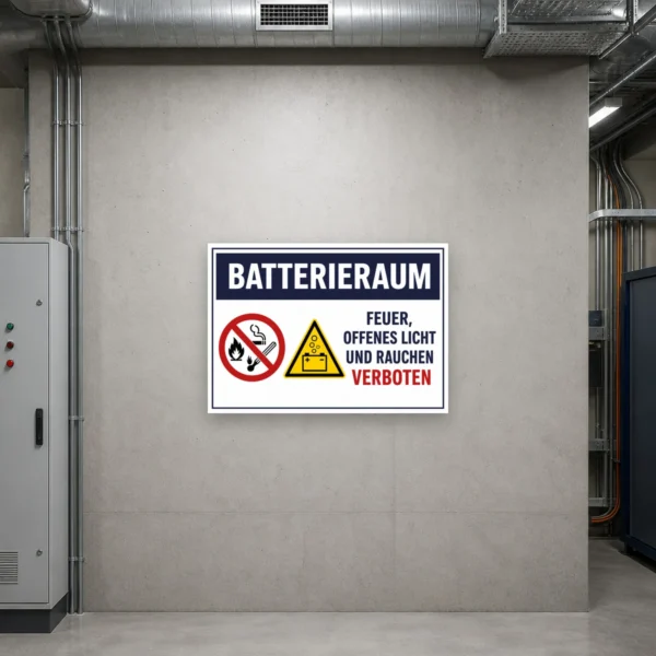 KI-generiertes Anwendungsbeispiel: Batterieraum-Schild mit Feuer-, Licht- und Rauchverbot an der Tür eines Technikraums auf Aluminium-Verbundplatte.