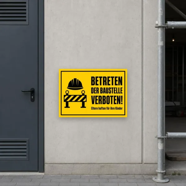 KI-generiertes Anwendungsbeispiel: Gelb-schwarzer Baustelle betreten verboten Aufkleber an einem Baustellenzugang mit klarer Sichtbarkeit.