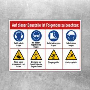 Baustellenschild Sicherheitsregeln – Arbeitsschutz Aufkleber mit roten, blauen und gelben Piktogrammen im Querformat.