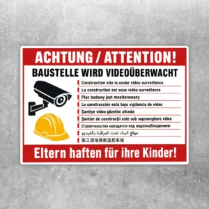 Baustellen Videoüberwachung Aufkleber mit roter Warnfläche, Kamera-Symbol, Bauhelm und Eltern-Hinweis auf weißem Hintergrund.