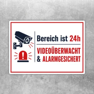 Aufkleber mit Kamera- und Alarmmotiv: Bereich ist 24h videoüberwacht und alarmgesichert in Rot, Weiß und Dunkelblau.