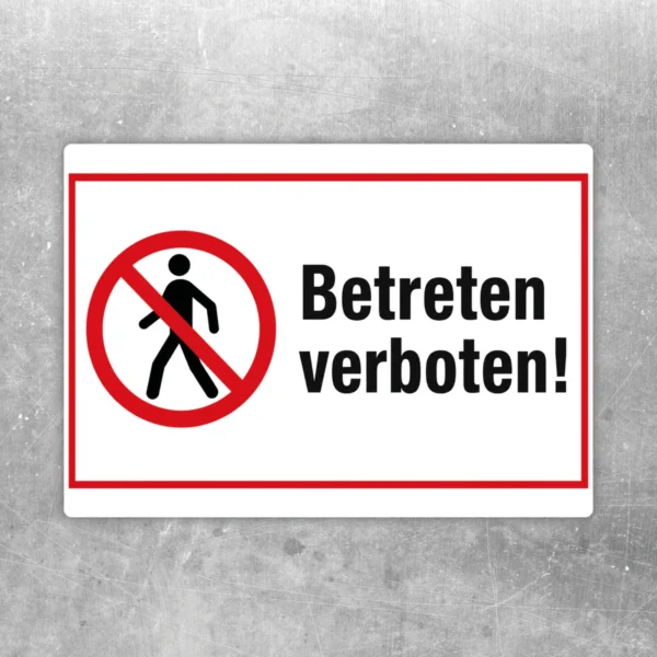 Betreten verboten Aufkleber mit rotem Verbotssymbol und schwarzem Text auf weißem Grund im Querformat.