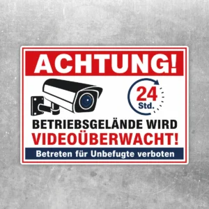 Videoüberwacht Aufkleber mit Kamera-Motiv, 24-Stunden-Hinweis und Zutritt verboten für das Betriebsgelände.