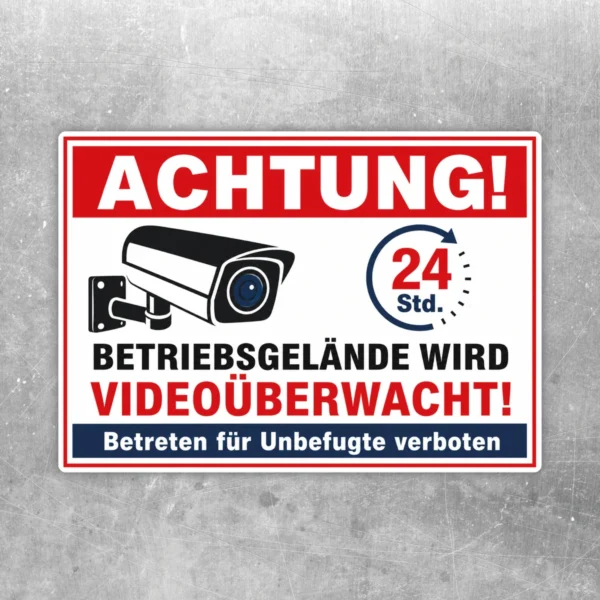 Videoüberwacht Aufkleber mit Kamera-Motiv, 24-Stunden-Hinweis und Zutritt verboten für das Betriebsgelände.