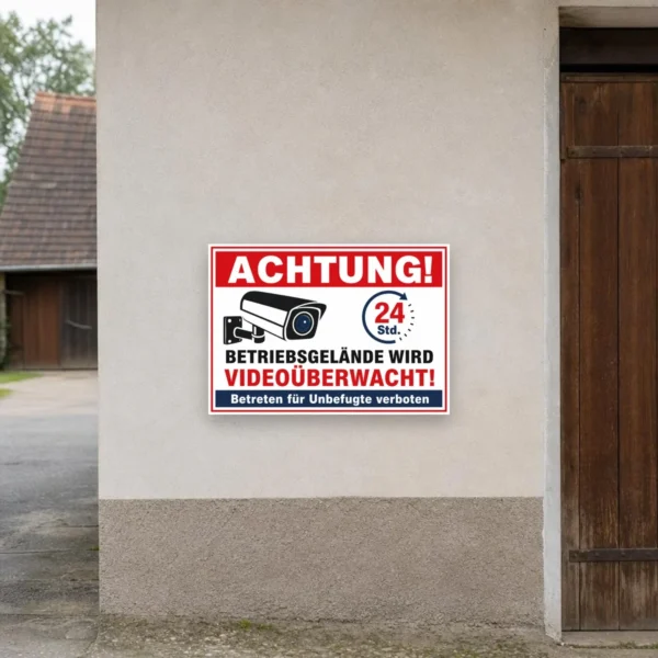 KI-generiertes Anwendungsbeispiel: Videoüberwacht Aufkleber an einem Werkstor mit rotem Achtung-Bereich und Kamerasymbol.