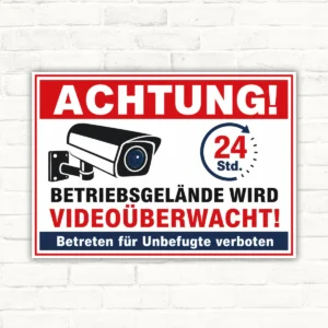 Bedrucktes Schild mit der Aufschrift „ACHTUNG! Betriebsgelände wird videoüberwacht! Betreten für Unbefugte verboten“ und Kamerasymbol.