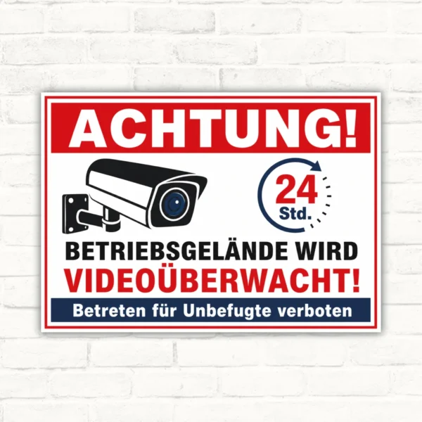 Bedrucktes Schild mit der Aufschrift „ACHTUNG! Betriebsgelände wird videoüberwacht! Betreten für Unbefugte verboten“ und Kamerasymbol.