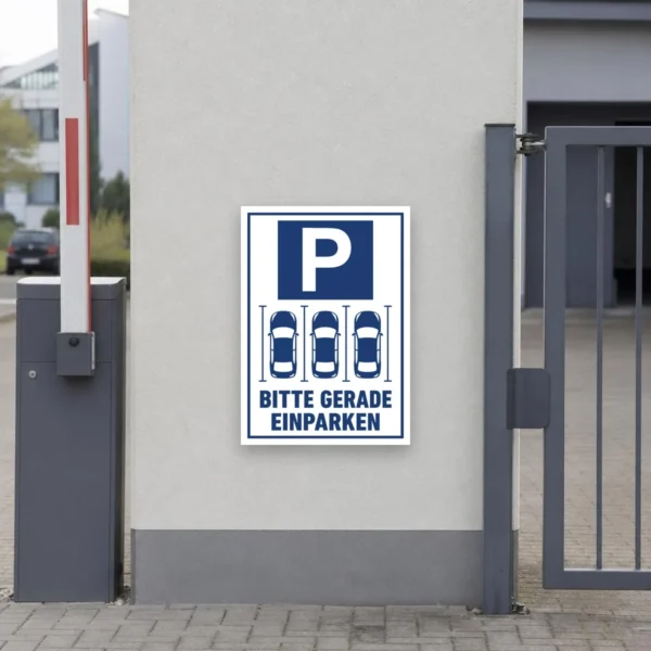 KI-generiertes Anwendungsbeispiel: Blau-weißer Parkplatzaufkleber mit P, drei Autos und dem Hinweis Bitte gerade einparken im Hochformat.