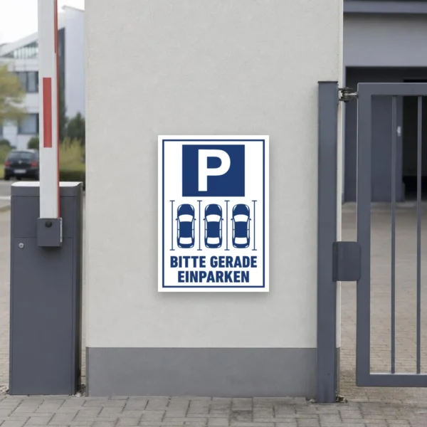 KI-generiertes Anwendungsbeispiel: Parkplatzschild mit blauem P-Symbol, drei Autos und dem Text „Bitte gerade einparken“ an einer Hofeinfahrt.