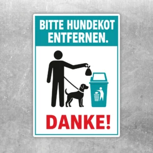 Aufkleber mit dem Hinweis Bitte Hundekot entfernen und Danke, türkis, weiß, rot und schwarz auf weißem Hintergrund.