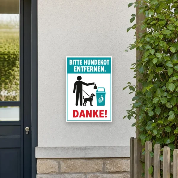 KI-generiertes Anwendungsbeispiel: Bitte Hundekot entfernen Aufkleber an einem Zaun mit gut sichtbarer, freundlicher Hundehinweis-Gestaltung.