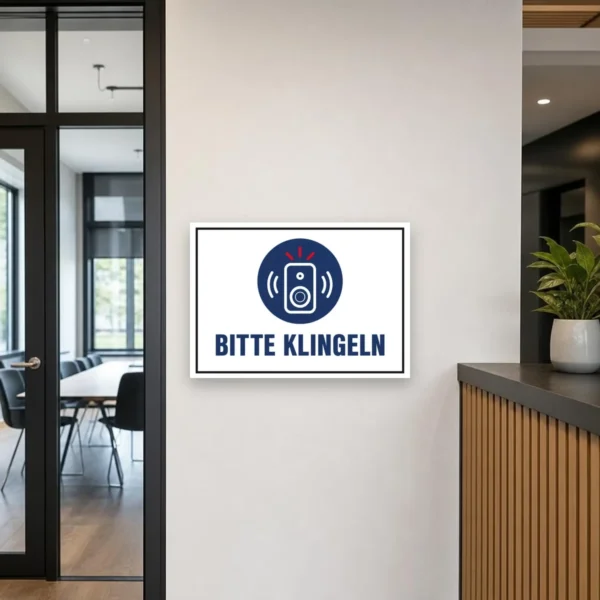 KI-generiertes Anwendungsbeispiel: Bitte klingeln Aufkleber in Querformat mit blauem Klingel-Icon und klarer Beschriftung an einer Tür.