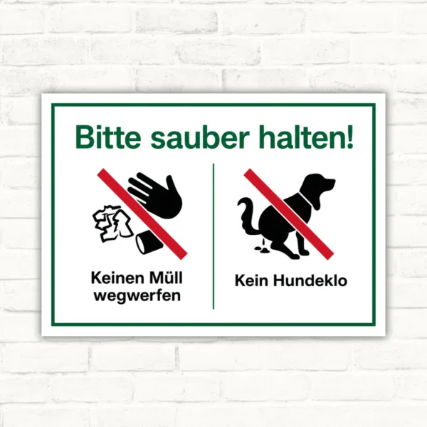 Bedrucktes Schild mit der Aufschrift „Bitte sauber halten! Keinen Müll wegwerfen“ und „Kein Hundeklo“ in grüner, roter und schwarzer Gestaltung.