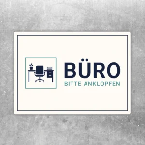 Büro Bitte anklopfen Aufkleber in Weiß, Blau und Türkis mit Büro-Piktogramm und klarer Türbeschriftung.