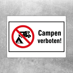 Campen verboten Aufkleber mit Wohnmobil, Zelt und rotem Verbotssymbol auf weißem Hintergrund