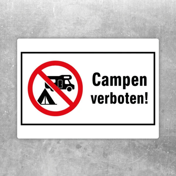 Campen verboten Aufkleber mit Wohnmobil, Zelt und rotem Verbotssymbol auf weißem Hintergrund