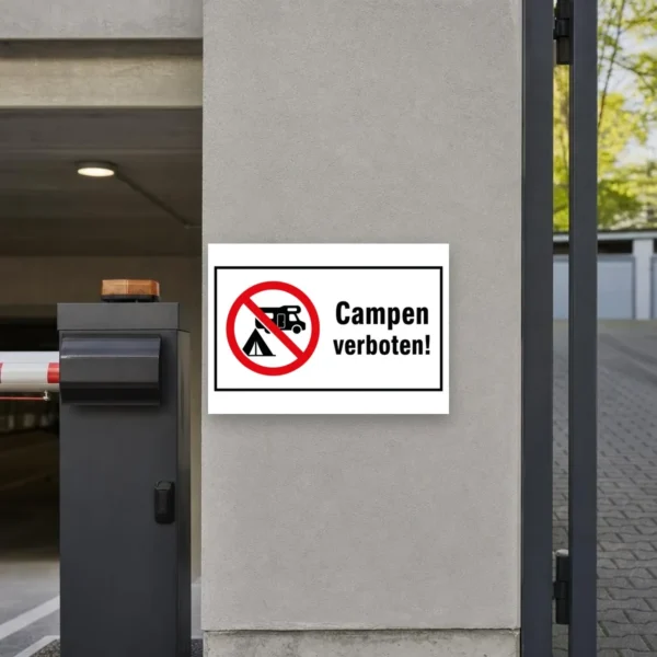KI-generiertes Anwendungsbeispiel: Campen verboten Aufkleber mit Wohnmobil, Zelt und rotem Verbotssymbol auf weißem Hintergrund