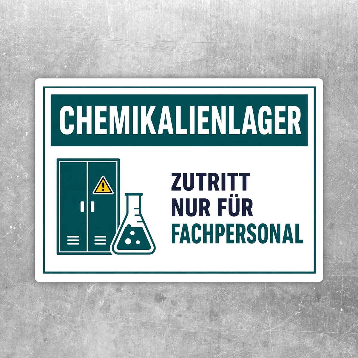 Querformat-Aufkleber mit der Aufschrift „Chemikalienlager Zutritt nur für Fachpersonal“ in Türkis, Weiß und Dunkelblau.