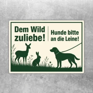 Querformatiger Hundeschild Aufkleber in Dunkelgrün und Beige mit Wildtiermotiv und dem Hinweis „Dem Wild zuliebe! Hunde bitte an die Leine!“.