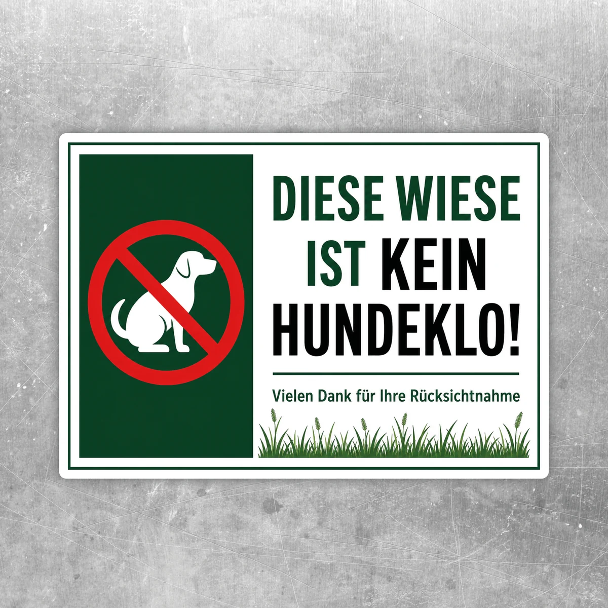Hundeverbotsschild Diese Wiese ist kein Hundeklo als Aufkleber mit rotem Verbotszeichen auf grünem Hintergrund.