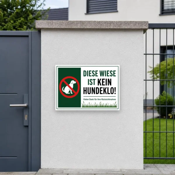 KI-generiertes Anwendungsbeispiel: Hundeverbotsschild Diese Wiese ist kein Hundeklo als Aufkleber an einem Gartentor.