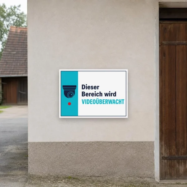 KI-generiertes Anwendungsbeispiel: Videoüberwachung Aufkleber im Querformat mit Kamera-Symbol und Hinweistext an einer glatten Eingangstür.