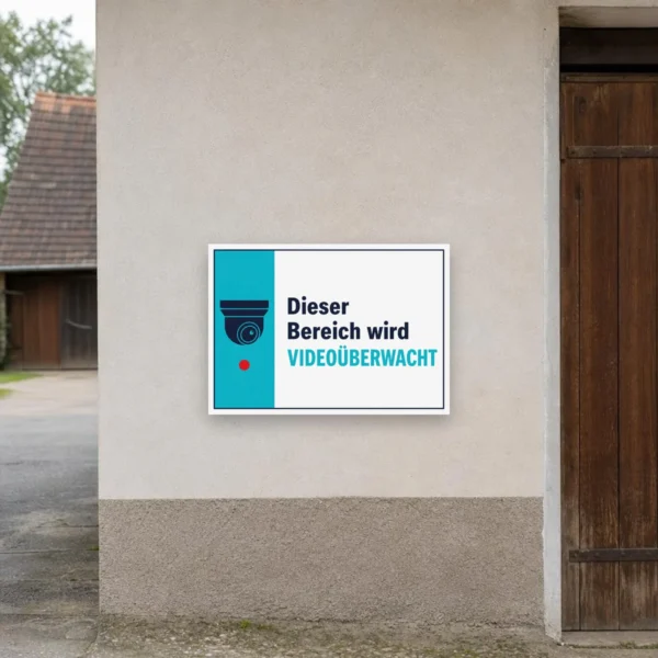 KI-generiertes Anwendungsbeispiel: Videoüberwachung Schild mit der Aufschrift „Dieser Bereich wird videoüberwacht“ für den gut sichtbaren Eingang.
