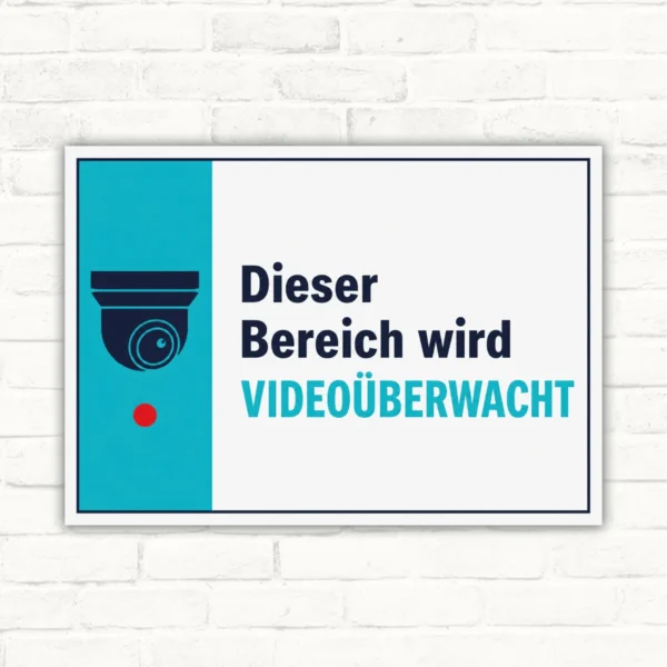 Videoüberwachung Schild mit Kamera-Symbol und Text „Dieser Bereich wird videoüberwacht“ auf weiß-türkisem Hintergrund.