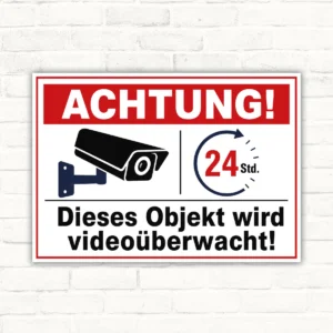 Videoüberwachungsschild mit „ACHTUNG!“ und 24 Std.-Hinweis, Schild mit Kamera-Motiv und Text „Dieses Objekt wird videoüberwacht“.