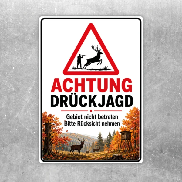 Achtung Drückjagd Aufkleber mit Warnsymbol und Waldmotiv für Revierzugänge und Forstflächen