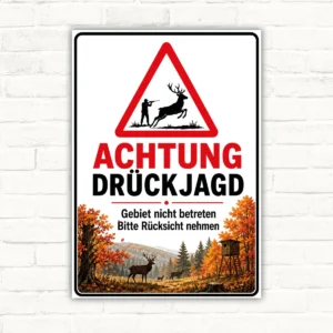 Achtung Drückjagd Schild mit Jäger und Wild, Text „Gebiet nicht betreten Bitte Rücksicht nehmen“, bedrucktes Hinweisschild.