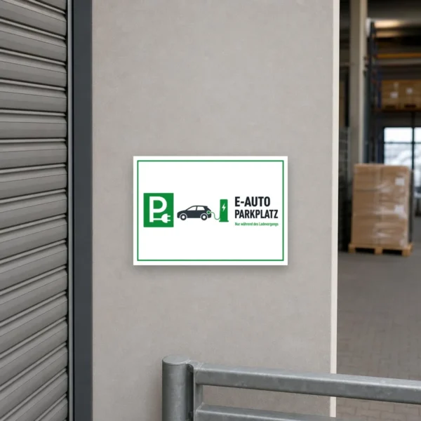 KI-generiertes Anwendungsbeispiel: E-Auto Parkplatz nur während des Ladevorgangs Aufkleber an einem markierten Ladeplatz mit grünem Rahmen.