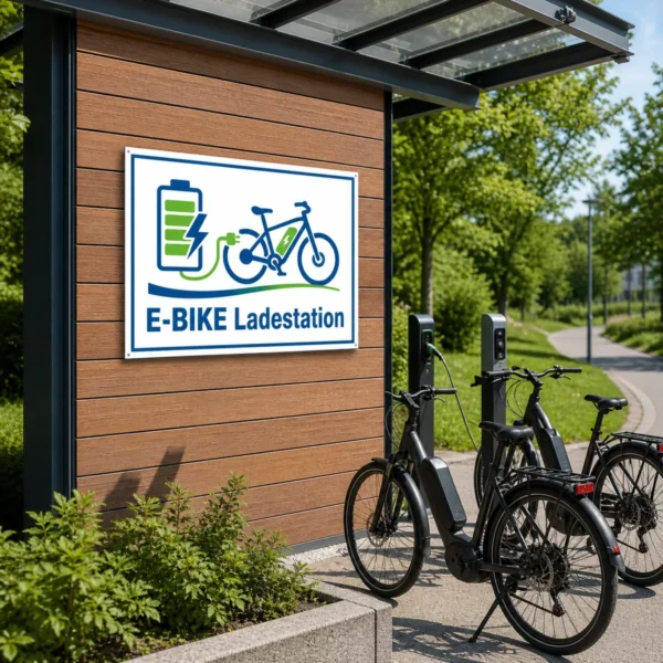 KI-generiertes Anwendungsbeispiel: E-Bike Ladestation Aufkleber im Querformat mit Batterie, Fahrrad und Ladekabel in Blau, Grün und Weiß.