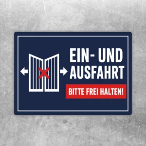 Ein- und Ausfahrt bitte frei halten Aufkleber in Dunkelblau mit weiß-roter Warnoptik für Zufahrten und Parkbereiche.