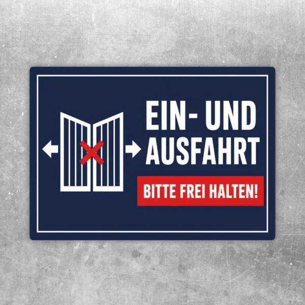 Ein- und Ausfahrt bitte frei halten Aufkleber in Dunkelblau mit weiß-roter Warnoptik für Zufahrten und Parkbereiche.
