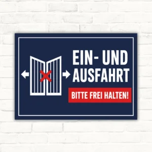 Ein- und Ausfahrt bitte frei halten Schild mit Pfeilen, Kreuzsymbol und rotem Hinweisbalken als Parkplatzschild.