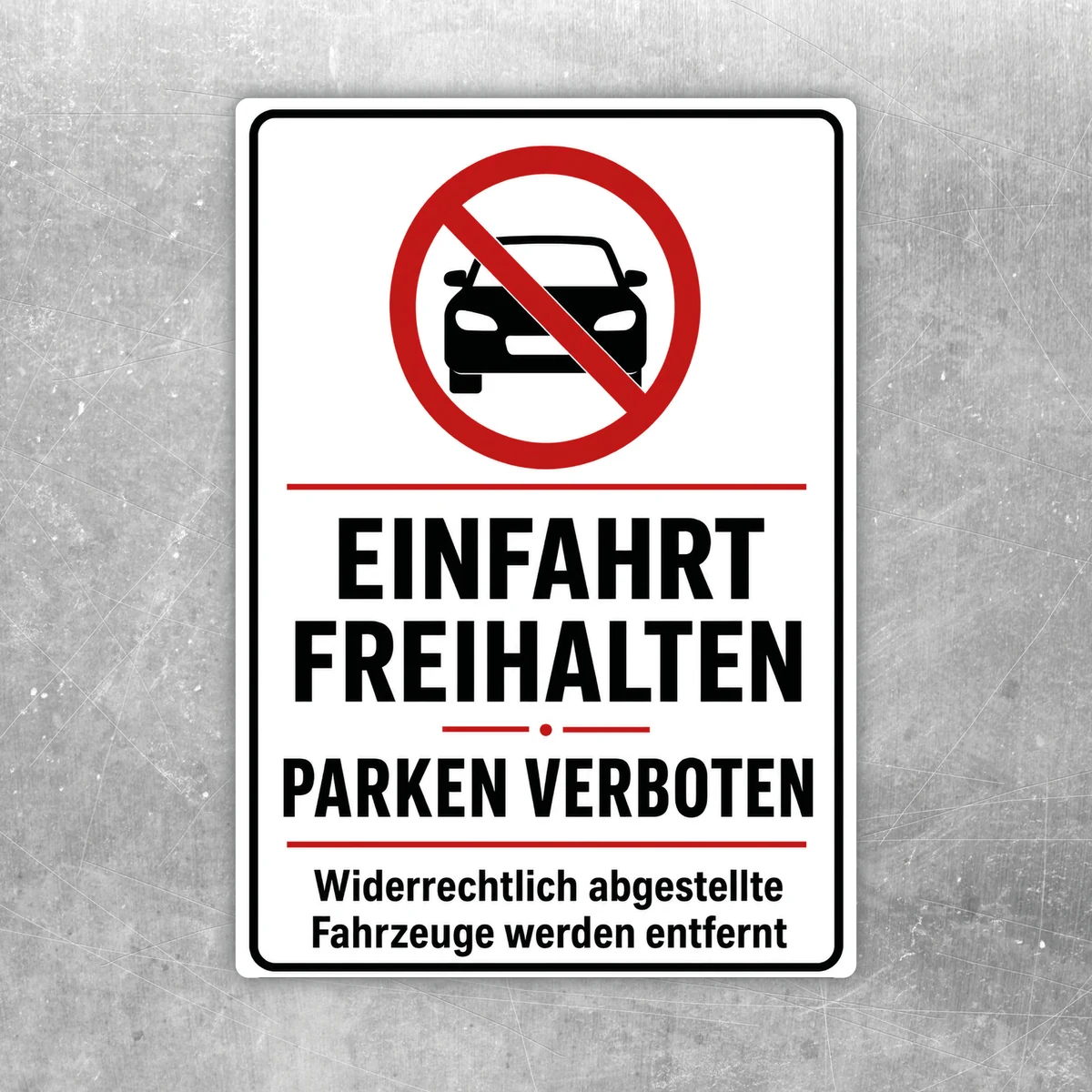 Einfahrt freihalten Aufkleber mit rotem Verbotssymbol, schwarzem Auto und dem Text Parken verboten auf weißem Hintergrund.