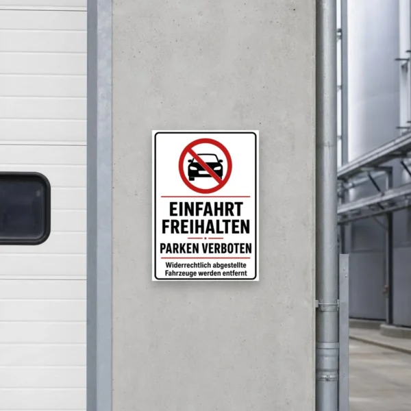 KI-generiertes Anwendungsbeispiel: Einfahrt freihalten Aufkleber mit rotem Verbotssymbol und Parken-verboten-Text an einer Zufahrt.