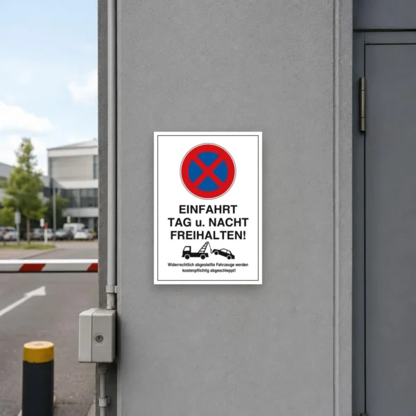 KI-generiertes Anwendungsbeispiel: Weißes Abschlepphinweis-Schild mit „Einfahrt tag und Nacht freihalten“ an einer Hauszufahrt montiert.