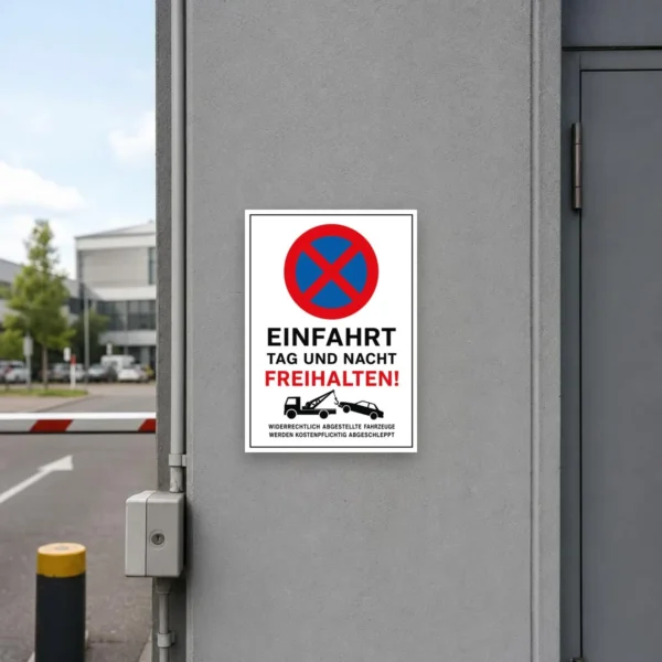 KI-generiertes Anwendungsbeispiel: Einfahrt frei halten Aufkleber an einer hellen Torfläche mit rotem Parkverbotssymbol und Abschlepphinweis.