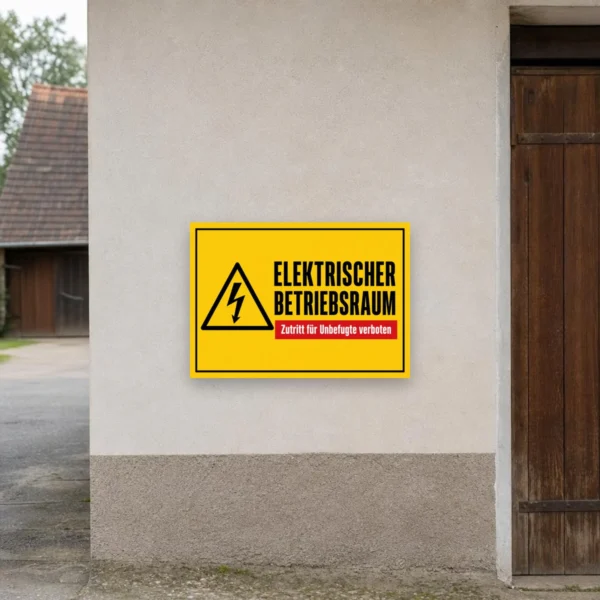 KI-generiertes Anwendungsbeispiel: Gelbes Schild mit Warnsymbol und Text „Elektrischer Betriebsraum – Zutritt für Unbefugte verboten“ an einer Technikraumtür.