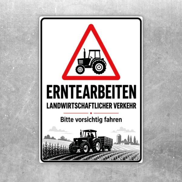 Erntearbeiten Aufkleber mit Traktor-Warnmotiv und dem Hinweis „landwirtschaftlicher Verkehr bitte vorsichtig fahren“ auf weißem Hintergrund.