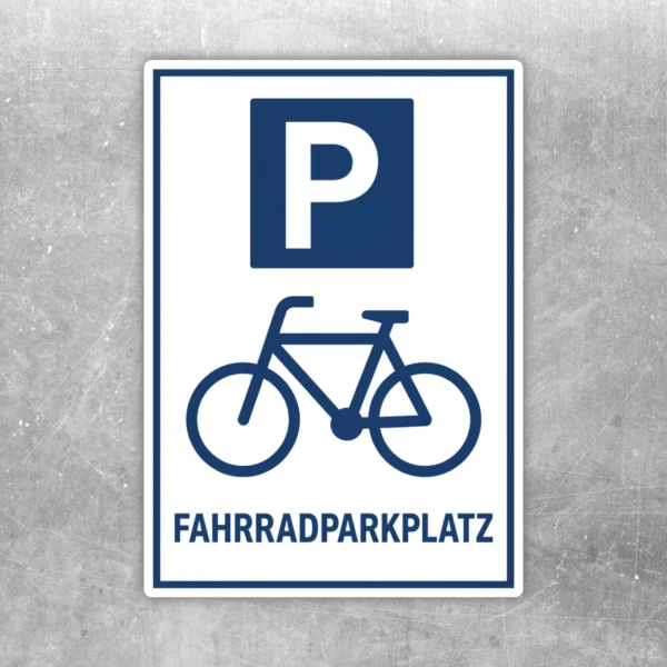 Blau-weißer Fahrradparkplatz Aufkleber im Hochformat mit Piktogramm, großem P-Symbol und der Beschriftung FAHRRADPARKPLATZ.