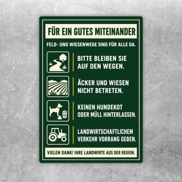 Feld- und Wiesenwege Aufkleber in Grün mit cremeweißer Schrift und gelben Akzenten für den Hofeingang.