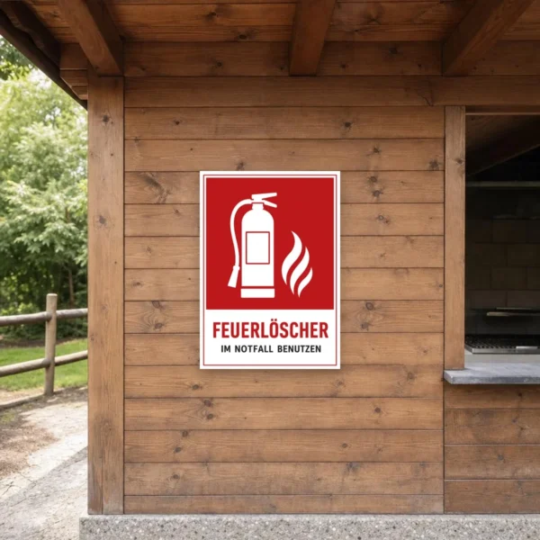 KI-generiertes Anwendungsbeispiel: Feuerlöscher im Notfall benutzen Aufkleber an einer Wand im Flur mit rotem Warnmotiv und klarer Beschriftung.