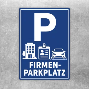 Blauer Firmenparkplatz Aufkleber mit großem P und Symbolen für Mitarbeiterparkplatz im Hochformat.